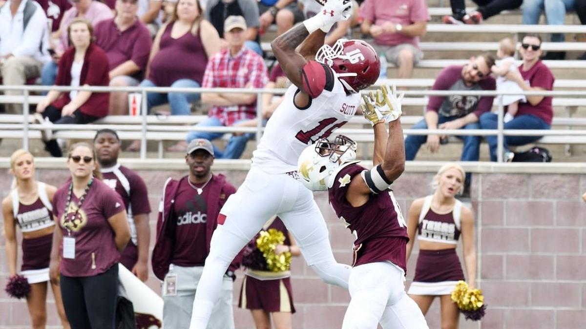 Rock Hill High’s Jaleel Scott caught his eighth touchdown of the year against Texas State Saturday.