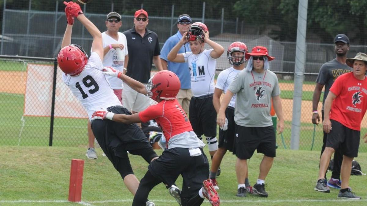 Nation Ford’s receiver just missed hauling in this touchdown catch Friday at Providence Day School during the Cam Newton 7-on-7 football tournament.