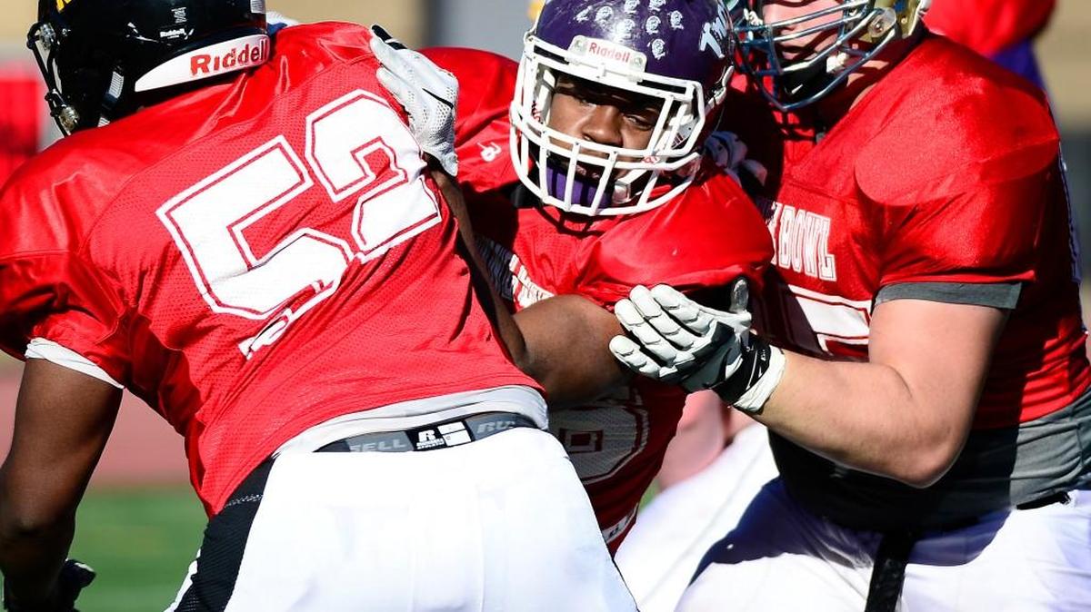 Northwestern’s Trae’von Hinton has had to rely on his speed this week during Shrine Bowl practice, given the size of the South Carolina (and North Carolina) offensive line.