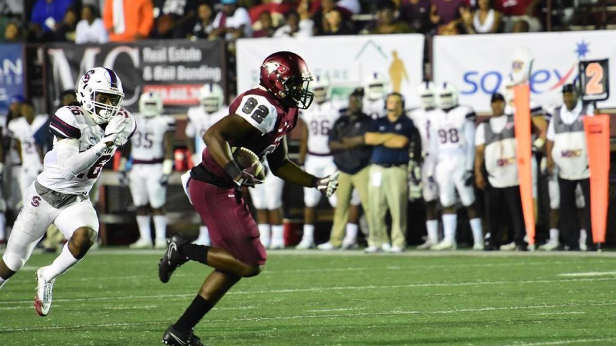 Josh McCoy wheels away for a 38-yard touchdown during N.C. Central’s victory over South Carolina State last Thursday. The former York Cougars’ TD catch proved to be the game-winner.