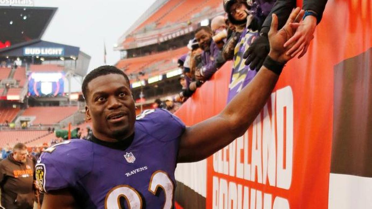 Baltimore Ravens tight end Benjamin Watson celebrates with fans after the Ravens defeated the Cleveland Browns in an NFL football game, Sunday, Dec. 17, 2017, in Cleveland.