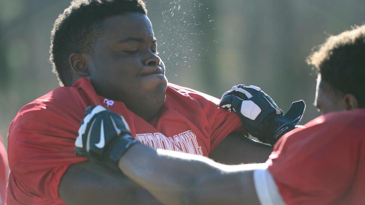 Players from this year's Shrine Bowl of the Carolinas 2015 at practice at Spartanburg High School in Spartanburg, S.C. on Dec. 15, 2015. John Simpson of Fort Dorchester (73) at practice.