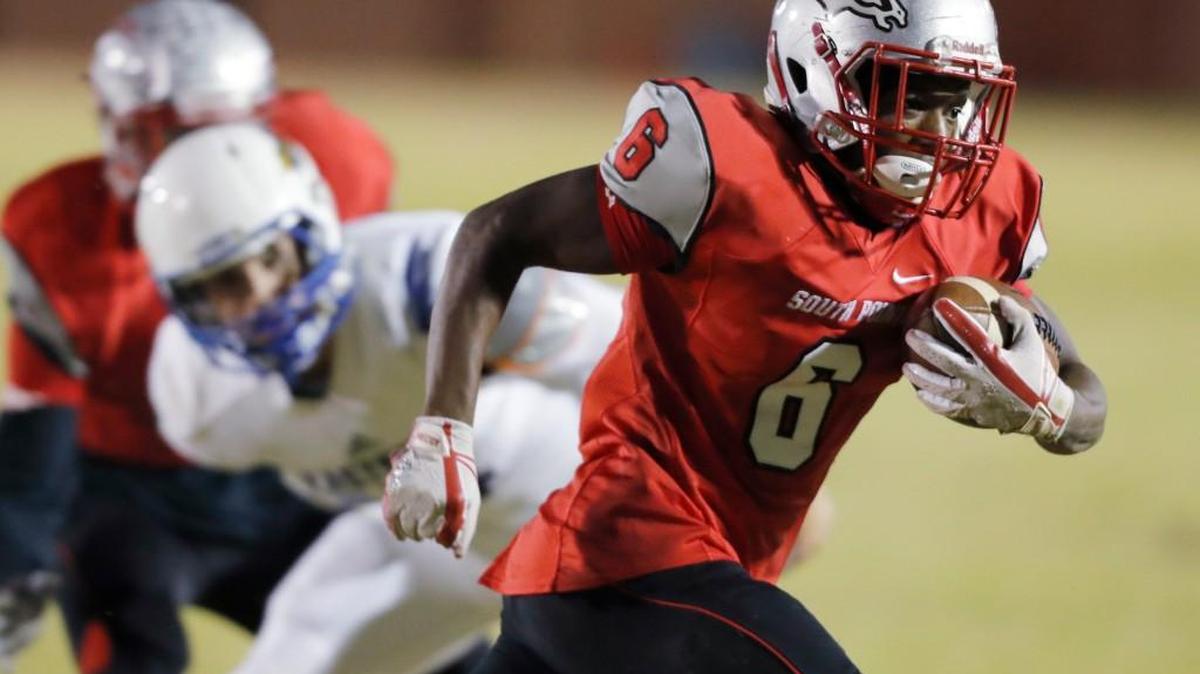 South Pointe hosted Eastside in the third round of the 4A football state playoffs Friday Nov. 17, 2017. South Pointe’s Marice Whitlock picks up yardage for the Stallions.