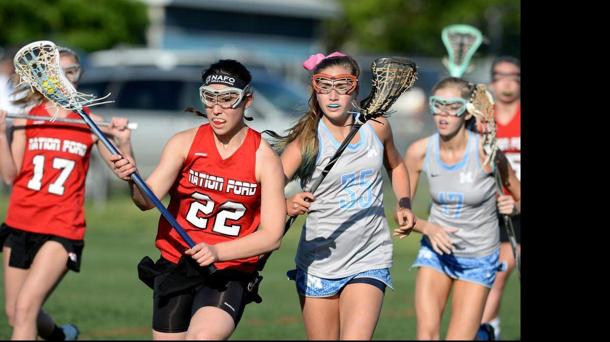 
Nation Ford’s Anna Reising (22) brings the ball up field against J.L. Mann during the Class 4A girls’ lacrosse upper state championship Tuesday.
