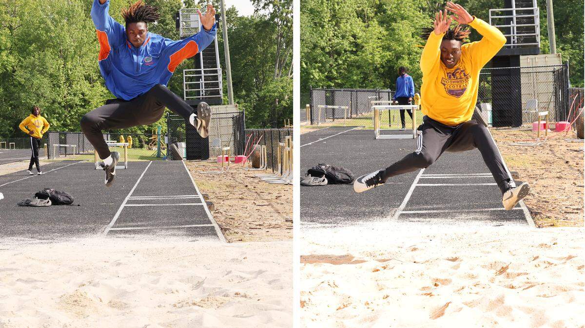 Jayden Burris, left, Jaylen Burris, practice the long jump Friday at Northwestern High School.