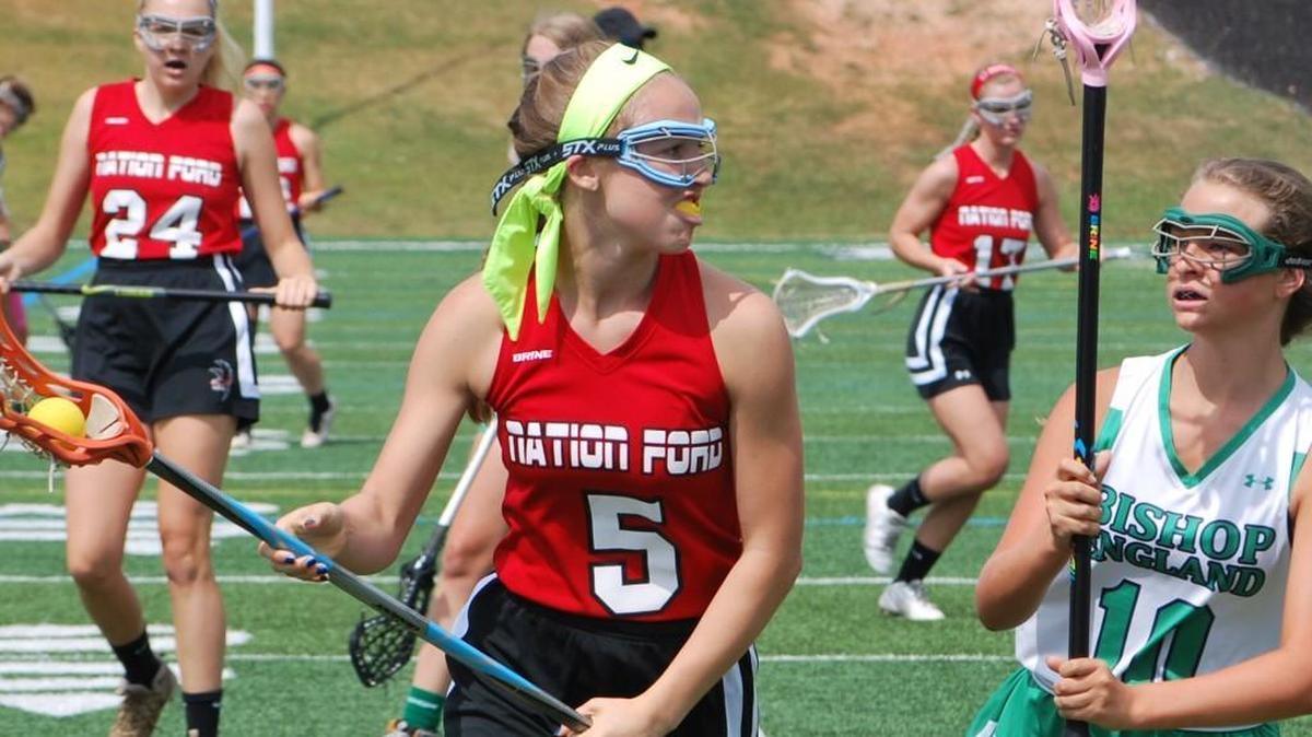 Nation Ford’s Megan Gallagher, left, works around Bishop England’s Ava Ward during the girls 4A state lacrosse championship at Chapin High School Saturday.