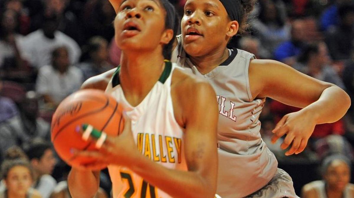 Rock Hill’s Rikoya Anderson (21) defends against Spring Valley’s Shantay Taylor (24) in the Class 4A Girls Upper State basketball championship Saturday.