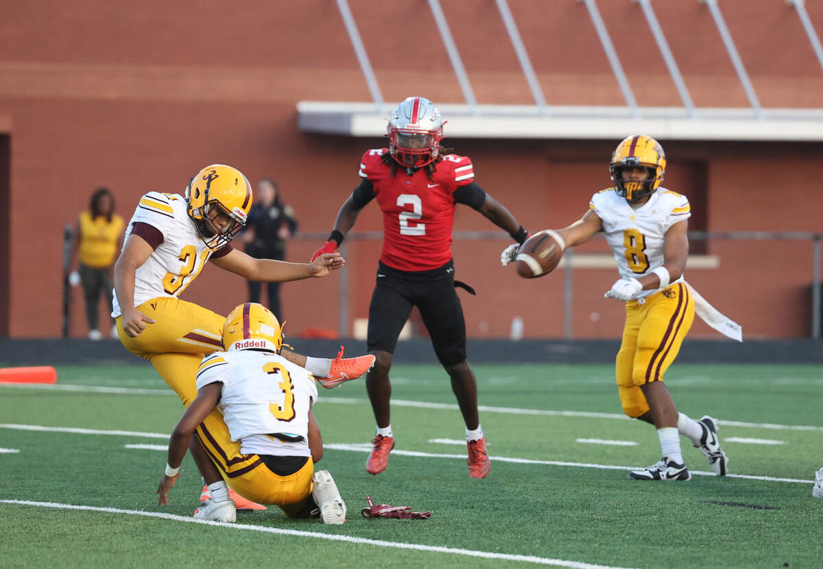 West Charlotte's Angel Ruiz kicks the first field goal of the game against South Pointe Friday, Sept. 5, 2025 in Rock Hill, S.C.