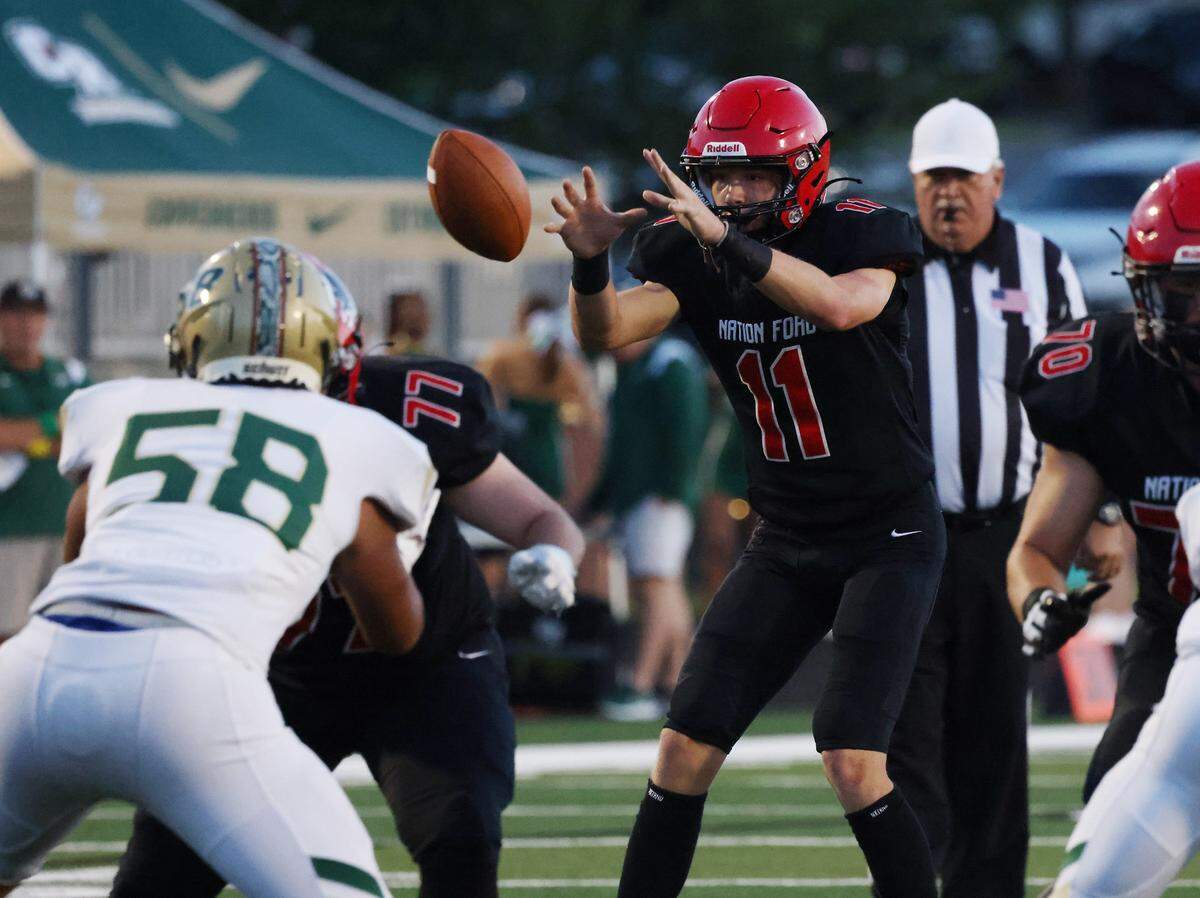 Nation Ford’s Kaden Barnett catches the ball Friday, Sept. 1, 2023 as the Falcons take on the Catawba Ridge Copperheads in Fort Mill, S.C.