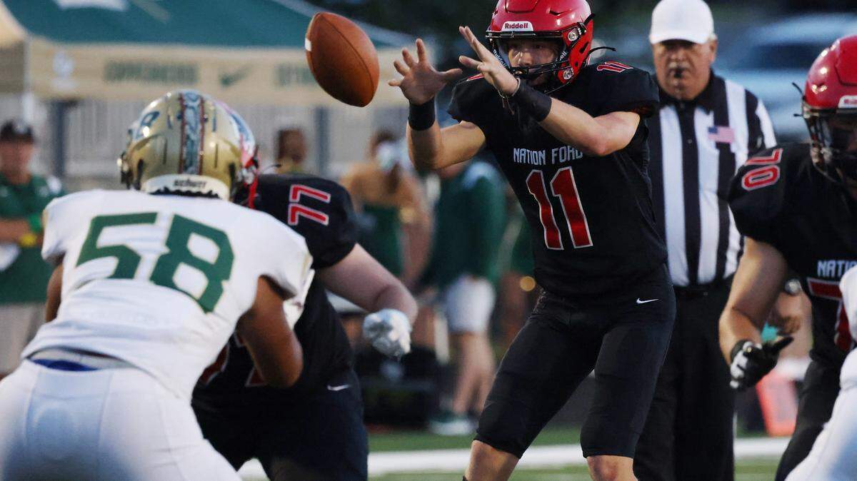 Nation Ford’s Kaden Barnett catches the ball Friday, Sept. 1, 2023 as the Falcons take on the Catawba Ridge Copperheads in Fort Mill, S.C.