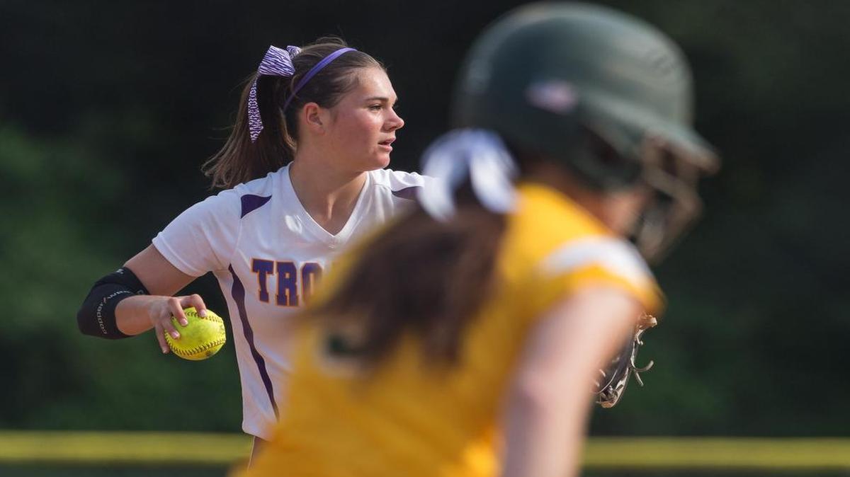 
Northwestern pitcher Kori Wancheck prepares to make a play at first base during the Trojans’ 7-2 win over Spring Valley on Wednesday. 
