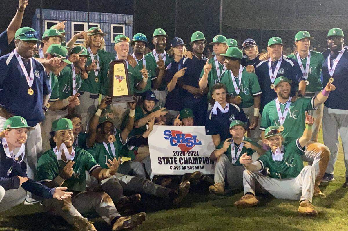The Legion Collegiate Academy baseball team celebrates Tuesday after winning the region 2A state championships in Lancaster