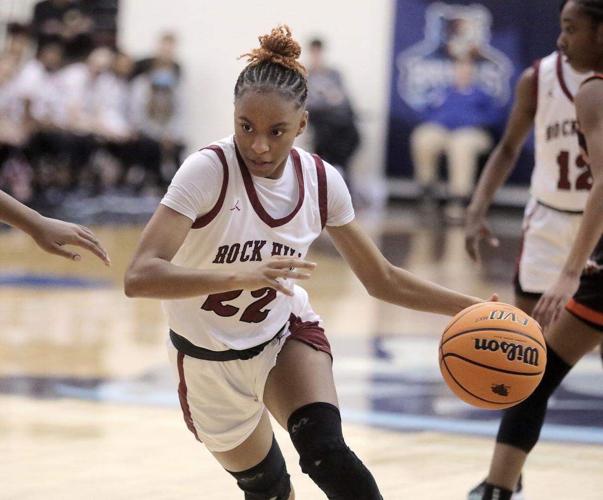 Rock Hill’s Makayla Street heads to the basket.