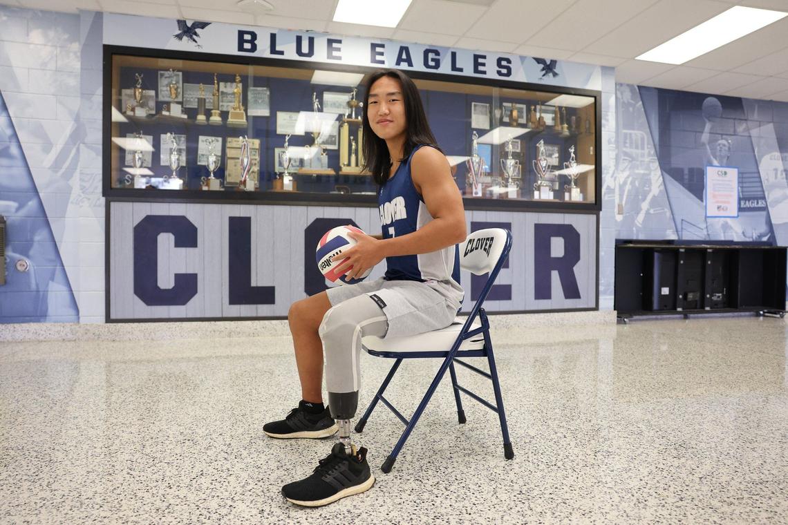 Kaden Odoms, a student at Clover High School, plays on the boys volleyball team with a presthetic leg.