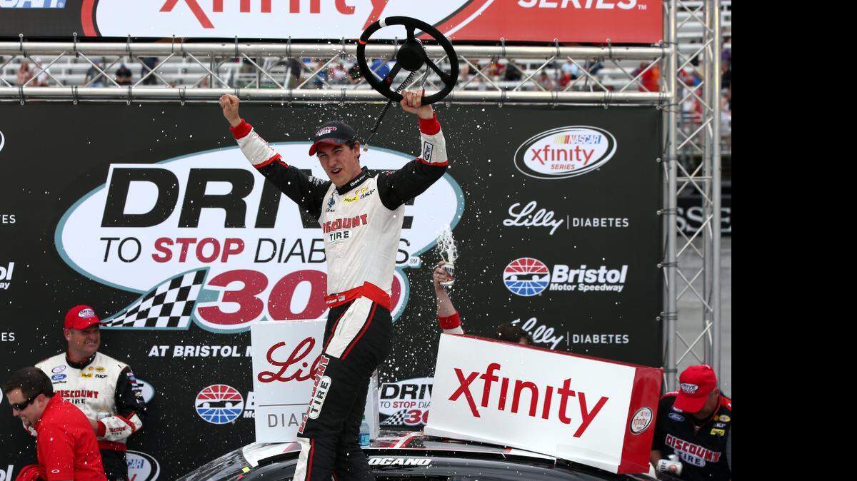 
Joey Logano celebrates in victory lane after winning the NASCAR XFINITY Series Drive To Stop Diabetes 300 at Bristol Motor Speedway on April 18, 2015 in Bristol, Tenn. 
