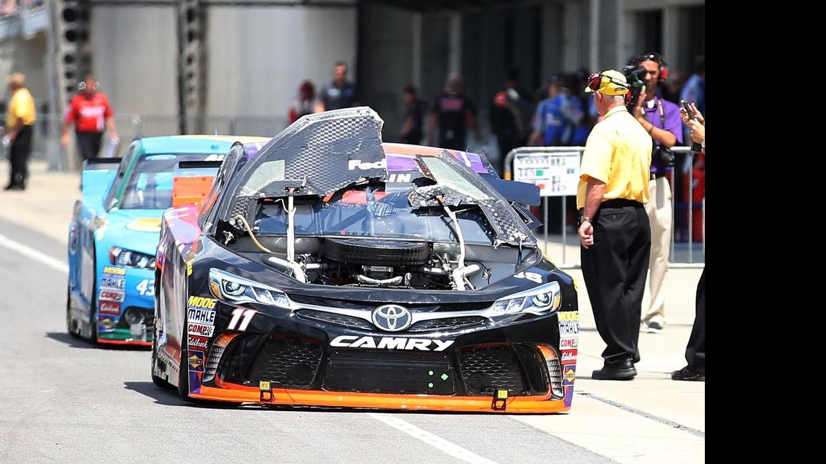
The hood on Denny Hamlin’s Toyota flew off during practice Friday, doing signficant damage to the car.
