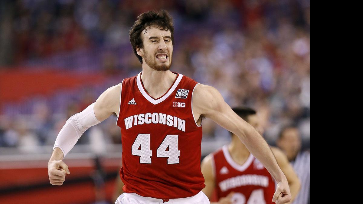 
Wisconsin's Frank Kaminsky (44) reacts after hitting a 3-pointer against Kentucky in the NCAA tournament national semifinal in Indianapolis in April. 
