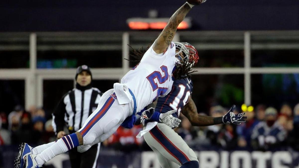 Buffalo Bills defensive back Stephon Gilmore (24) breaks up a pass intended for New England Patriots wide receiver Brandon LaFell (19) in the second half of an NFL football game, Monday, Nov. 23, 2015, in Foxborough, Mass.