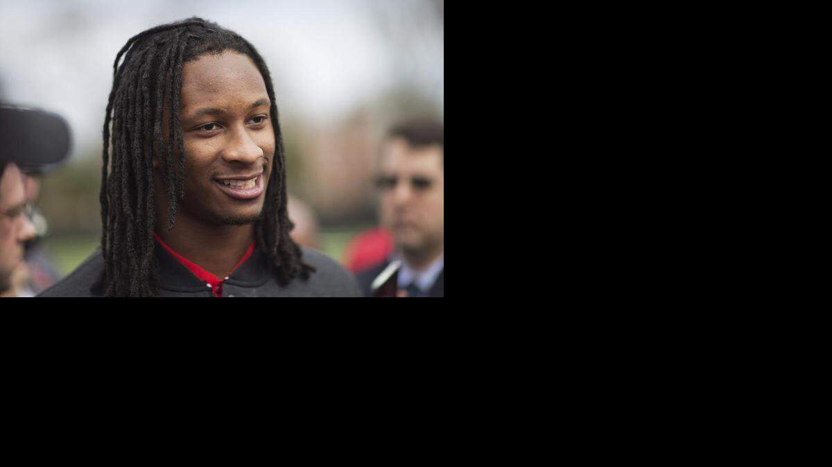 
Todd Gurley speaks to the media at NFL Pro Day at the University of Georgia, March 18, 2015, in Athens, Ga. 
