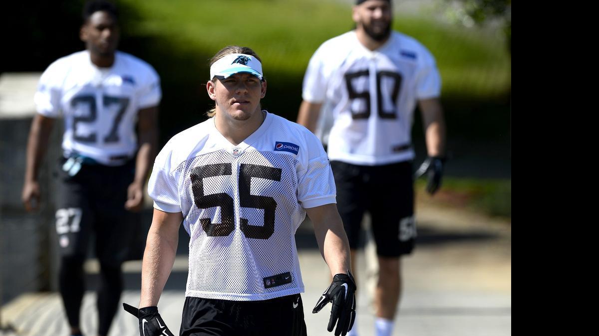 
Carolina Panthers rookie linebacker David Mayo, center, arrives for the team's rookie minicamp on Friday, May 8, 2015.
