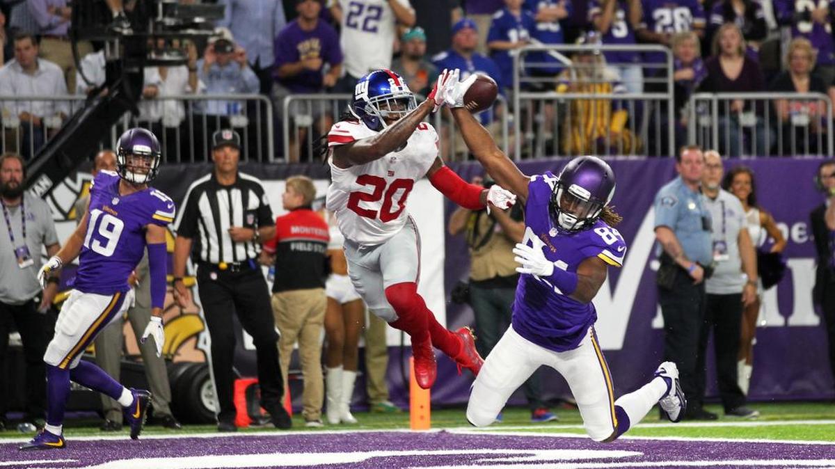 New York Giants cornerback Janoris Jenkins (20) breaks up a pass intended for Minnesota Vikings wide receiver Cordarrelle Patterson (84) during the first half of an NFL football game Monday, Oct. 3, 2016, in Minneapolis.