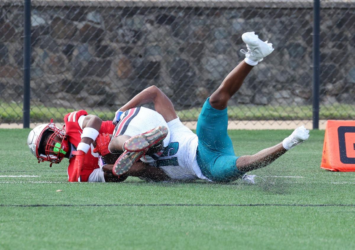 South Pointe’s Dailen Duncan, left, is brought down by Palisades’ Damauri Wilson Friday at the WRHI Football City USA scrimmage.