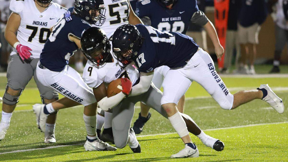 Cooper Zohner (Clover #17) tackles a Gaffney ball-carrier on Friday night (Oct. 22) in Memorial Stadium.