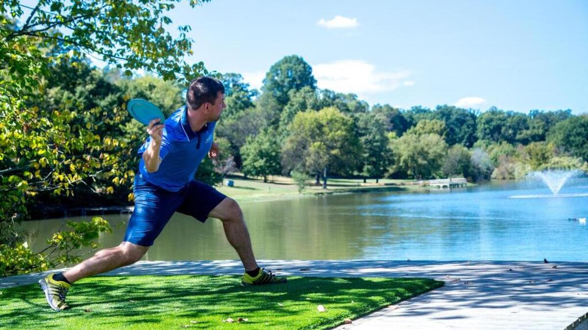Nate Sexton tees off on hole No. 5 Friday during round three of the 2017 United States Disc Golf Championship held at Winthrop University.
