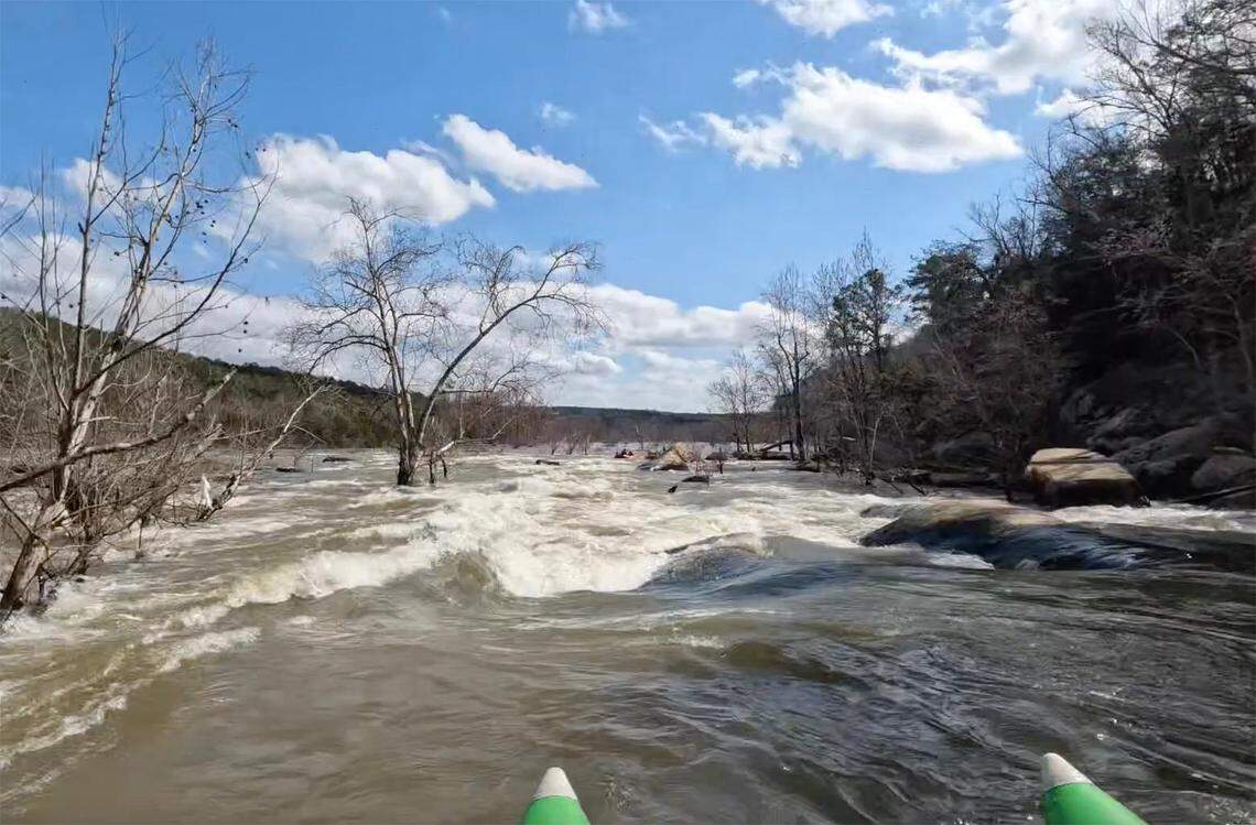 The Catawba River long bypass channel in Great Falls has hazards such as rocks and trees.