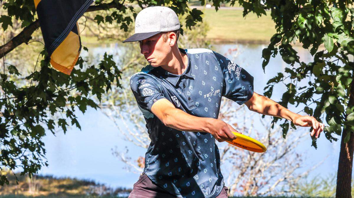Gannon Buhr of Urbandale, Iowa, tees off on hole No. 1 during round two of the United States Disc Golf Championship last weekend at Winthrop University.