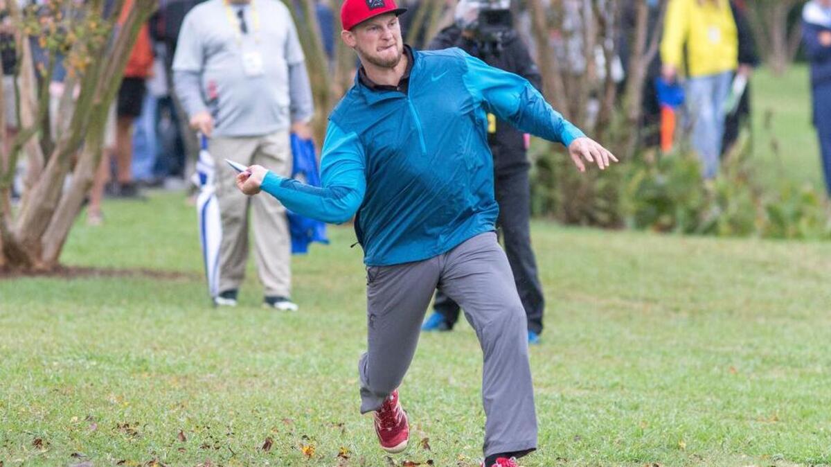 Jeremy Koling of Charlotte throws a shot on hole No. 5 during round 3 at the United States Disc Golf Championship Friday, Oct. 7, 2016 at Winthrop University disc golf course in Rock Hill.