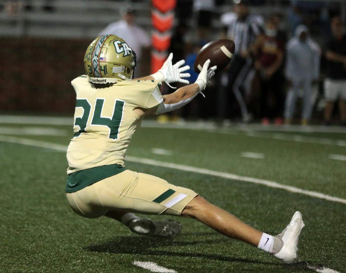 Catawba Ridge’s Jackson Burger catches the ball before hitting the ground on Oct. 1 as the Copperheads take on the South Pointe Stallions in Fort Mill. Catawba Ridge plays York on Friday night.