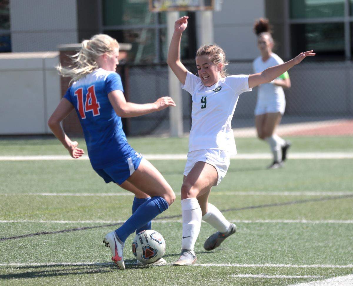 Catawba Ridge’s Megan Tanis (9) and Johns Island’s Lilli Ray fight for control of the ball Saturday at the South Carolina 2A championship game in Irmo.
