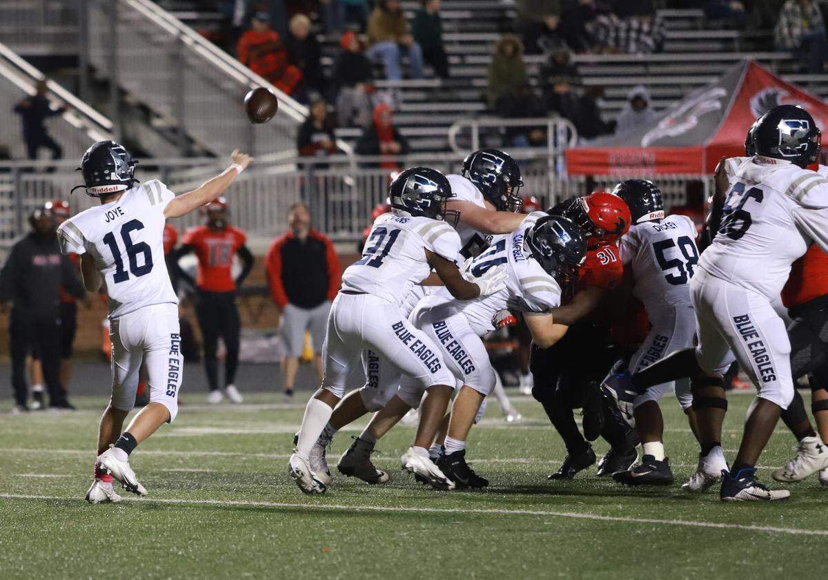Clover quarterback River Joye fires a pass in Clover’s win over Nation Ford on Friday night, Oct. 29. The win sealed the Blue Eagles a second-place finish in Region 3-5A. Clover hosts Ridge View in the first round of the playoffs Friday (Nov. 5).