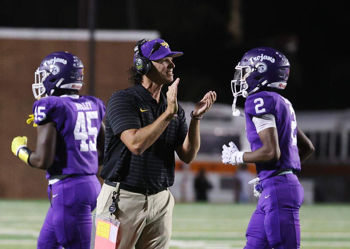 Northwestern High School varsity head football coach Page Wofford claps for his team Friday, Sept. 12, 2025 at District 3 Stadium in Rock Hill, S.C.