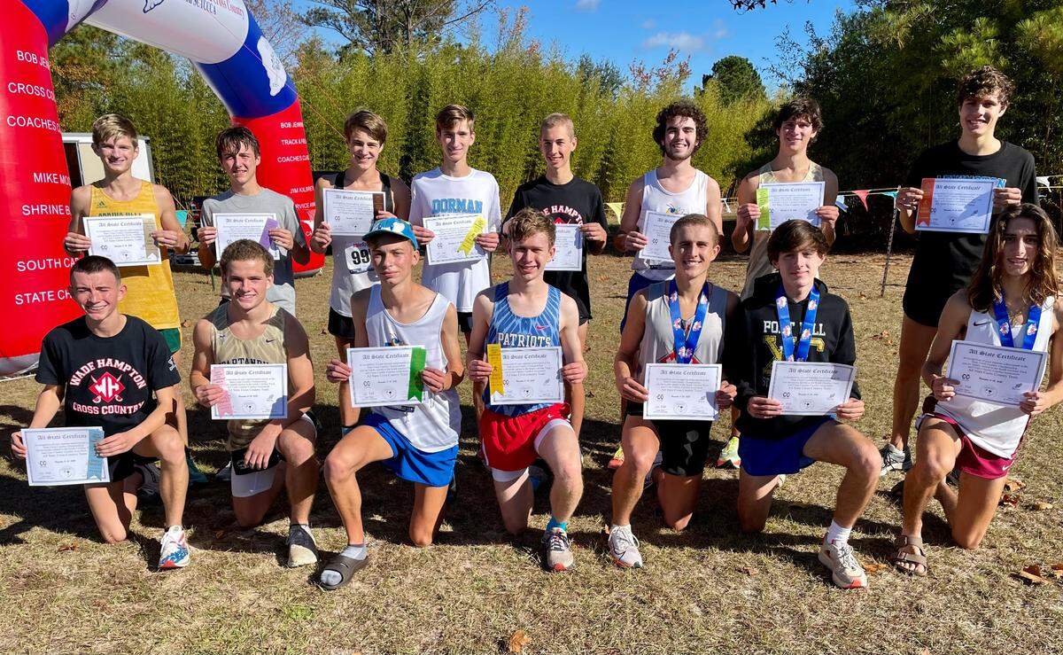 The 5A boys 2021 All-State team, featuring Fort Mill runners Devon Sibley, Evan Wey and Jackson Dawson.