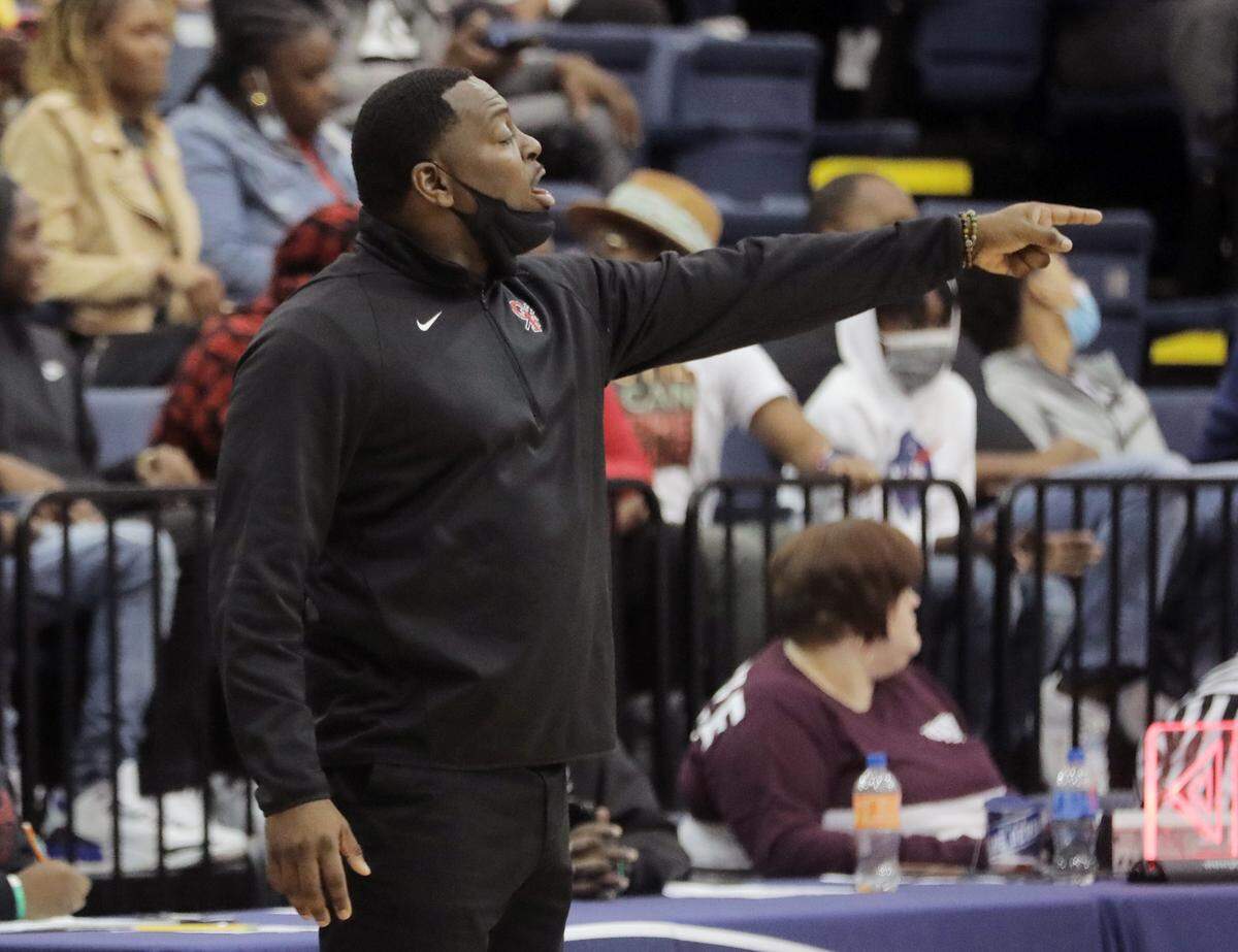 Great Falls’ head coach Alex Fair yells to his team Saturday at the upperstate championship game against Calhoun County.