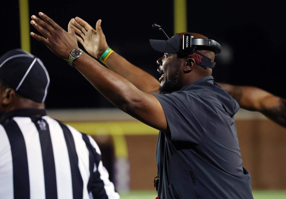 South Pointe High School varsity head football coach Bobby Collins yells to his team Friday, Sept. 12, 2025 as the Stallions take on the Northwestern Trojans.