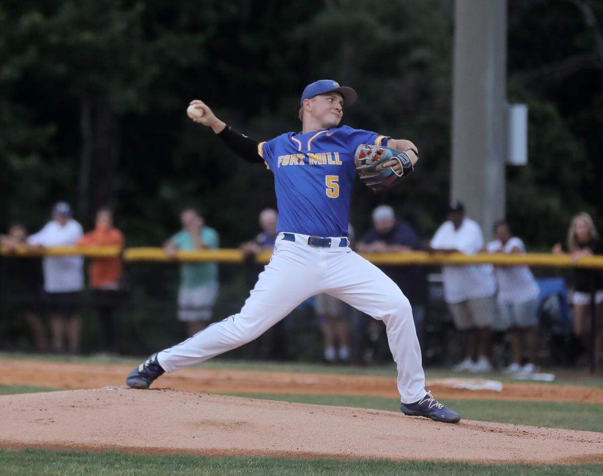 Fort Mill’s Connor Rasmussen pitches Friday as the Yellow Jackets take on the Berkley Stags.