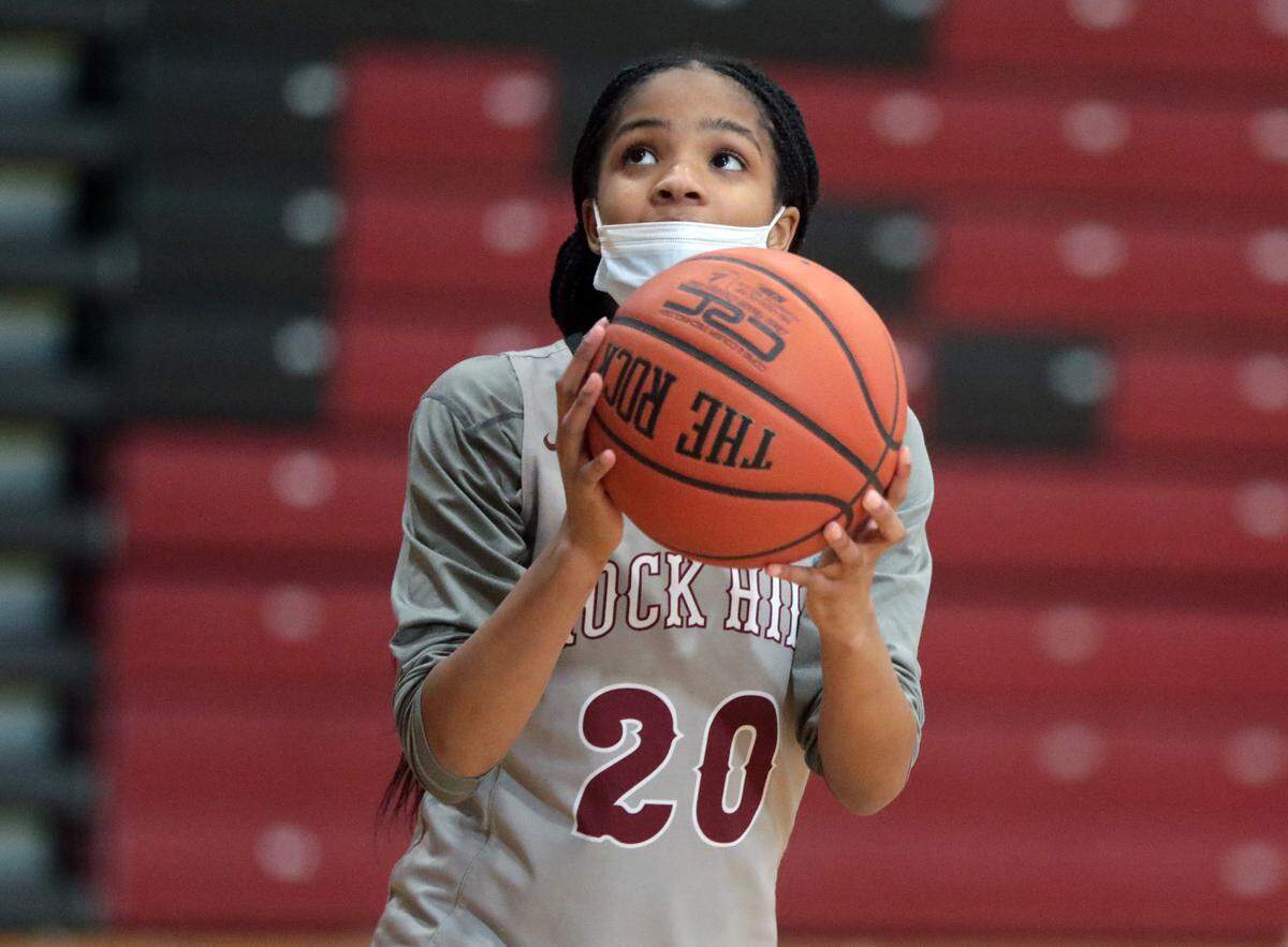 Rock Hill High School girls varsity basketball player Alana Hankerson practices on Thursday, Feb. 10, 2022.