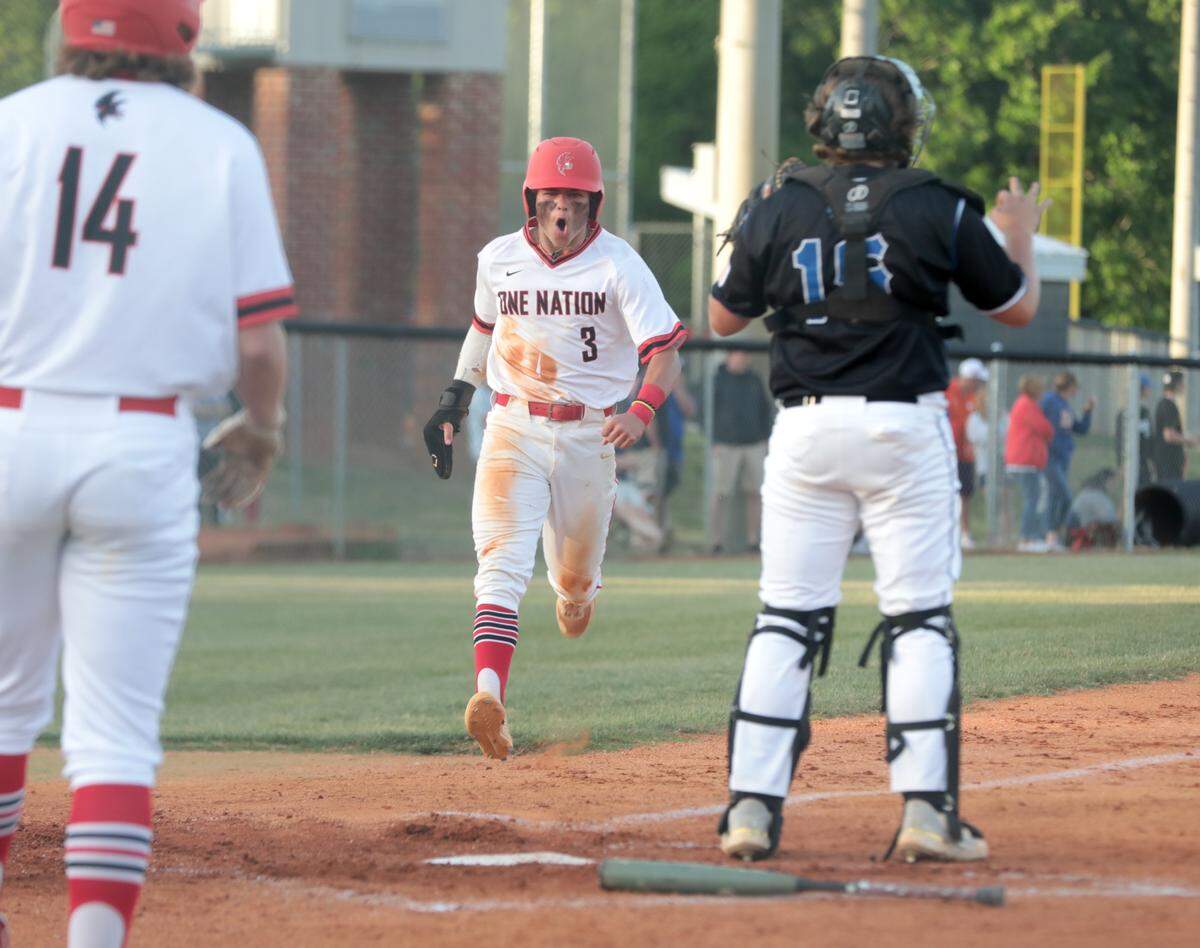 Nation Ford’s Gabe Simmons celebrates as he runs to home plate in a 2021 game.